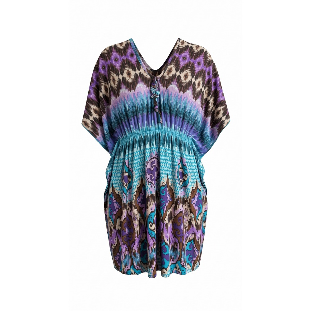 Blue i Women Ikat Print Kaftan Tunic Top Purple Turquoise V-Neck Size L